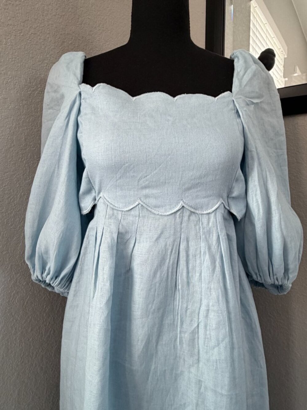 MABLE Scalloped Blue Linen Midi Dress Puff Sleeves Small - Picture 8 of 14